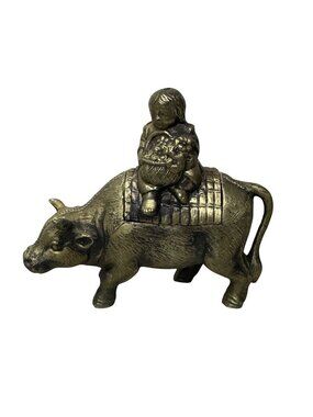 Brass Incense Burner Child Ox Flowers Cow Metal Figurine 3.5" Tall Japan Vintage